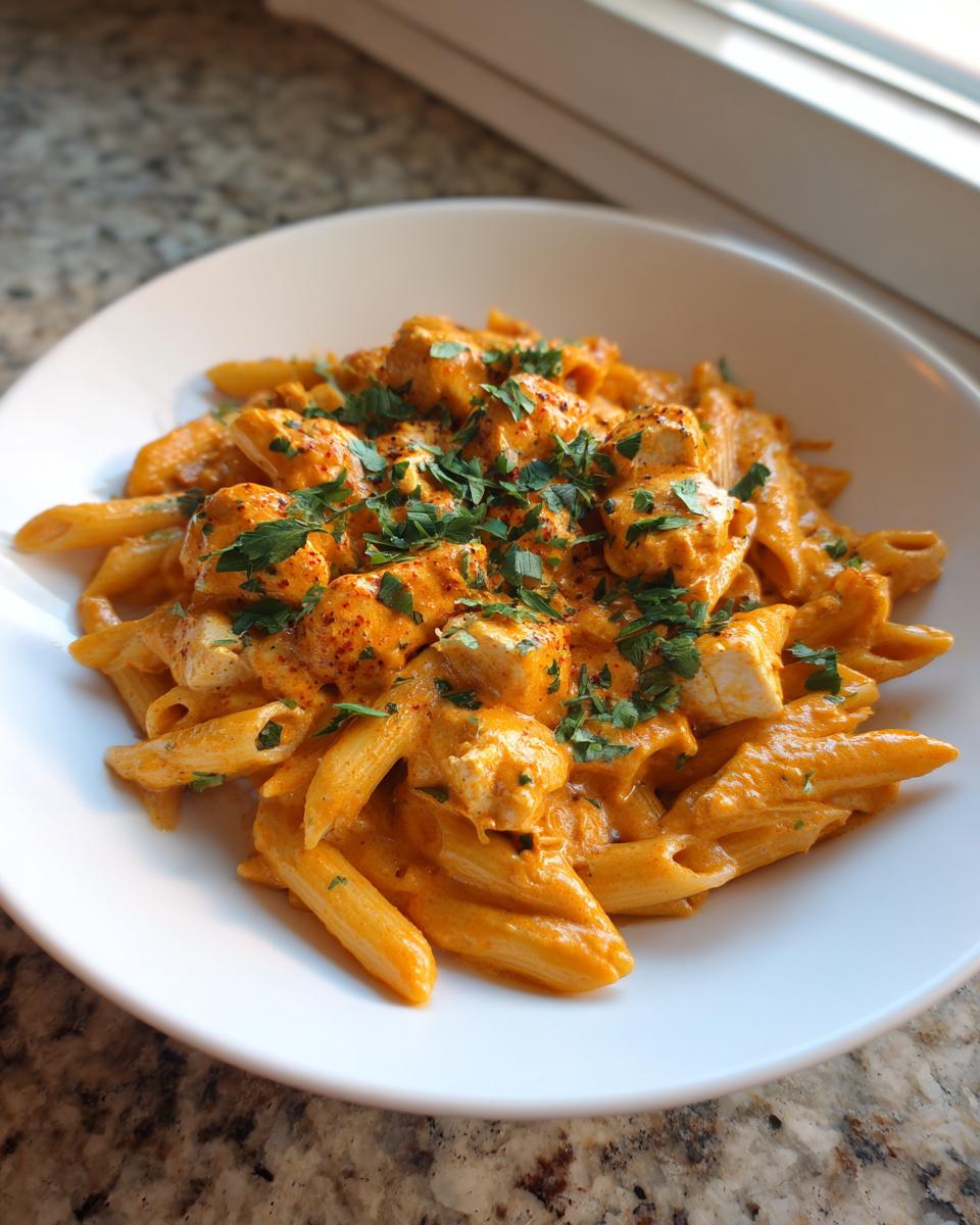 A close-up of creamy Cajun chicken pasta with penne, topped with fresh parsley, served in a white bowl.