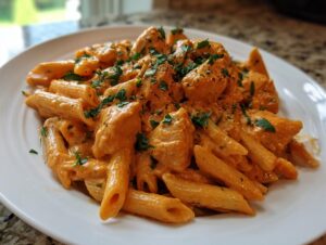 Close-up of a serving of rich, orange-sauced cajun chicken pasta topped with fresh parsley.