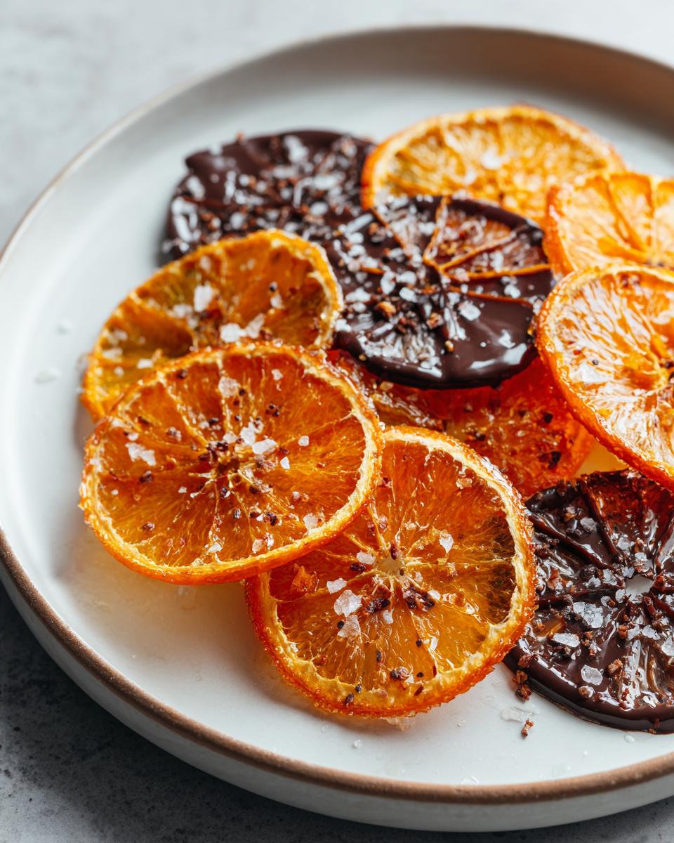 Close-up of bright orange candied orange slices, some dipped in dark chocolate and sprinkled with sea salt.
