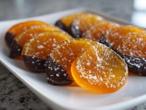 Close-up of glistening candied orange slices, partially dipped in dark chocolate and sprinkled with coarse sea salt.