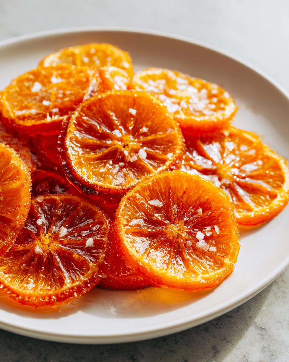Close-up of glistening, dark orange candied orange slices sprinkled with coarse salt on a white plate.
