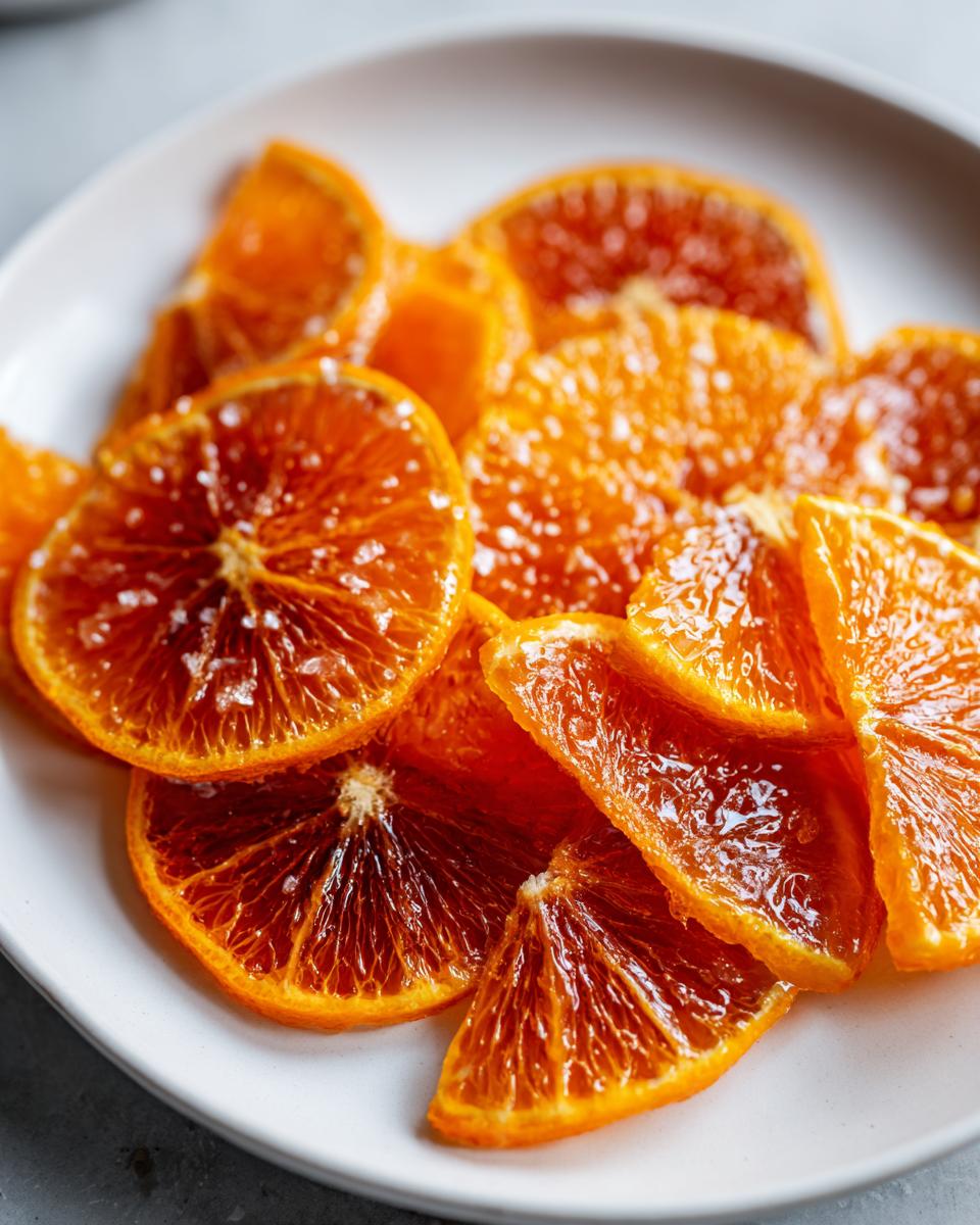 Close-up of glistening, deep orange candied orange slices sprinkled with coarse sugar on a white plate.
