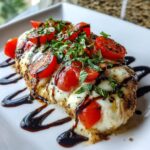 Close-up of a perfectly cooked caprese chicken breast topped with melted mozzarella, halved cherry tomatoes, and fresh basil.