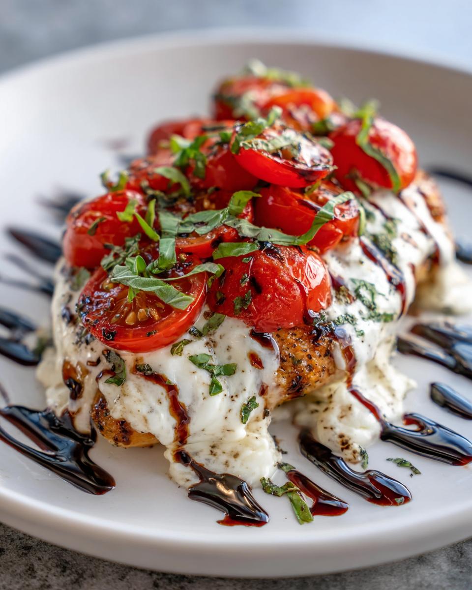 Close-up of a juicy caprese chicken breast topped with melted mozzarella, roasted tomatoes, and basil.