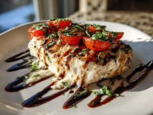 A close-up of a perfectly cooked caprese chicken breast topped with melted mozzarella, cherry tomatoes, and basil.
