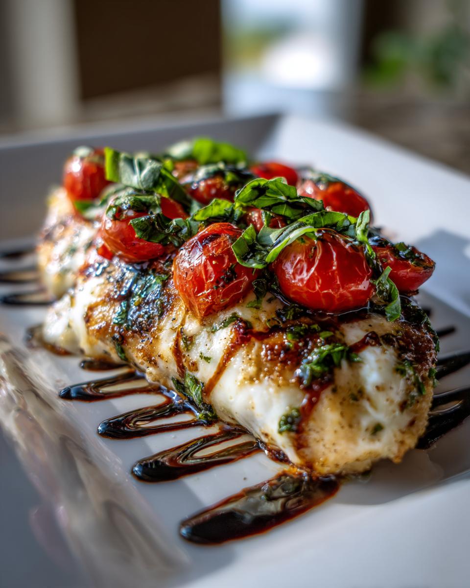 A perfectly cooked piece of caprese chicken topped with roasted cherry tomatoes and fresh basil, drizzled with balsamic glaze.