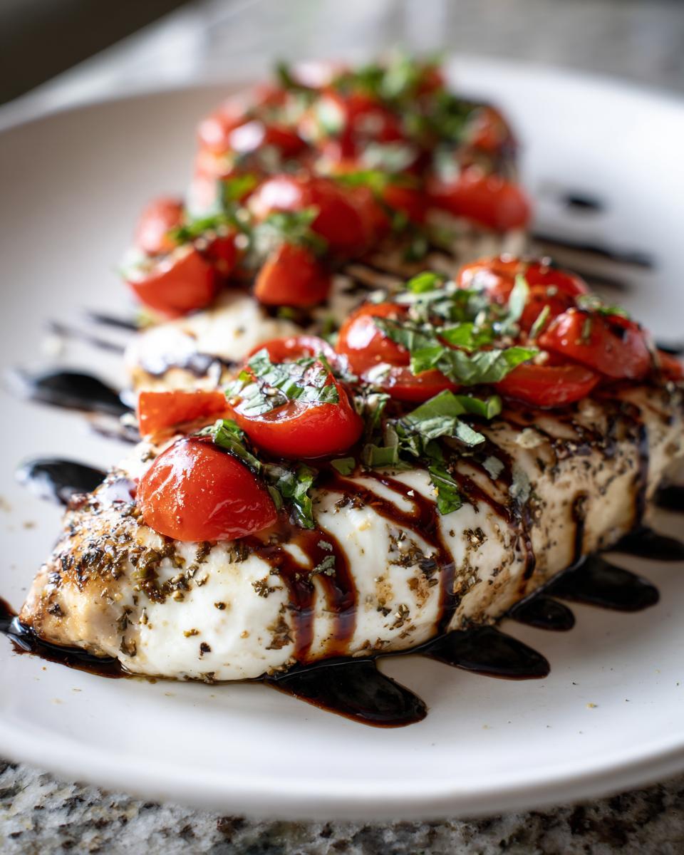 Close-up of grilled caprese chicken topped with melted mozzarella, cherry tomatoes, basil, and balsamic glaze.