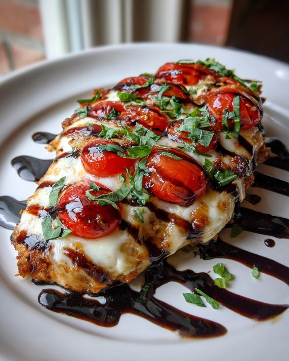 Close-up of a delicious caprese chicken topped with melted mozzarella, roasted cherry tomatoes, and fresh basil.