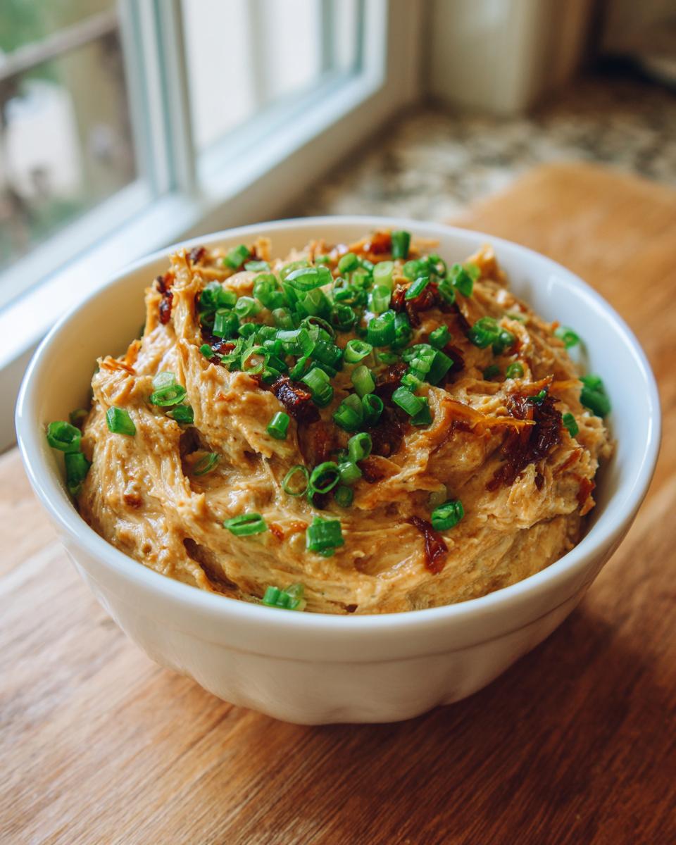 A white bowl filled with creamy caramelized onion dip, garnished generously with chopped green onions.