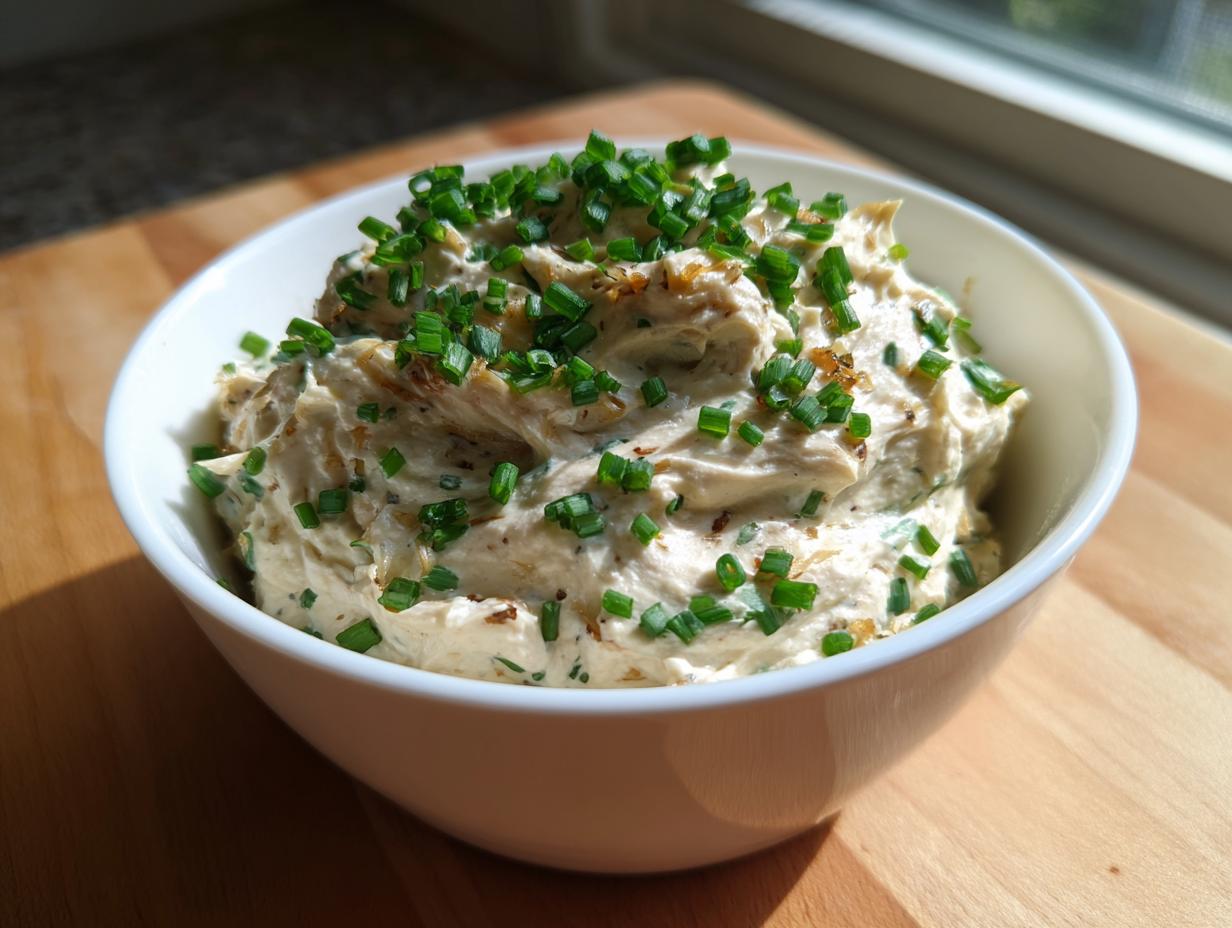 A white bowl filled with creamy caramelized onion dip, generously topped with fresh green chives.