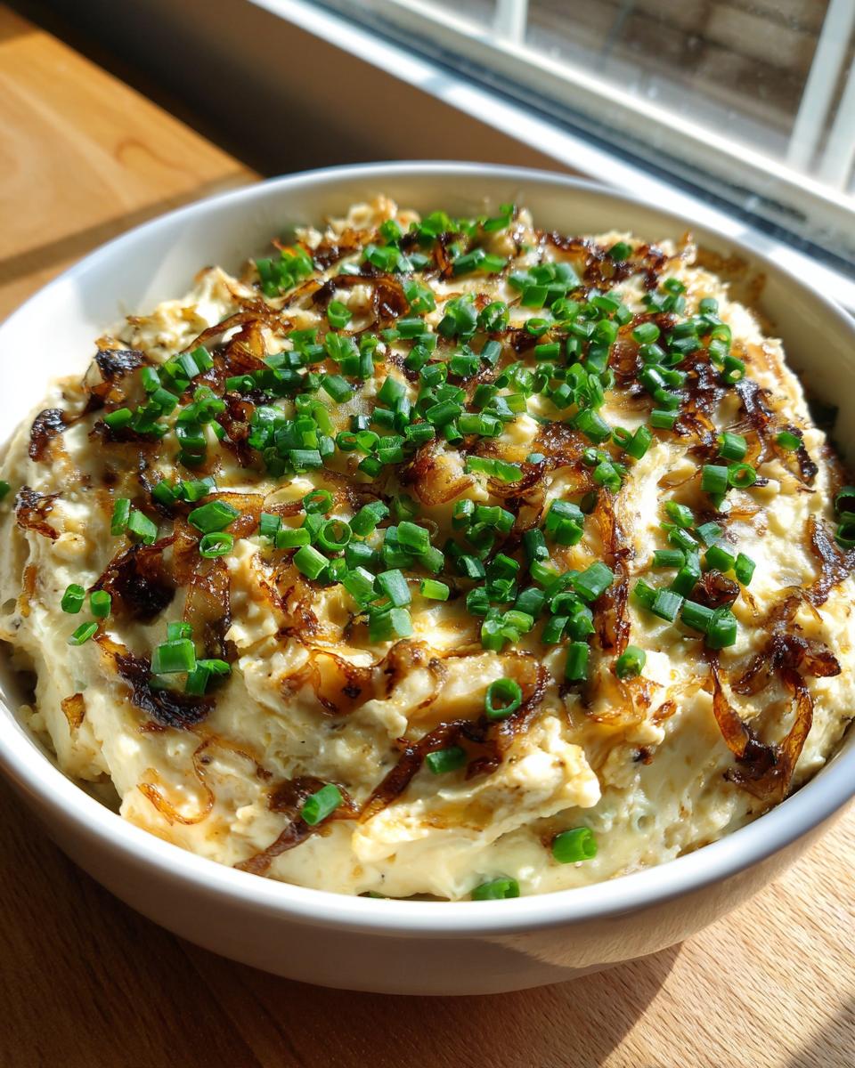 A bowl of creamy caramelized onion dip topped generously with crispy caramelized onions and fresh chopped chives.