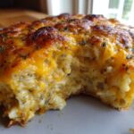A close-up, tempting view of a scoop taken from a baked chicken wild rice casserole, showing the creamy interior and golden, bubbly cheese topping.