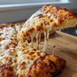 A slice of pizza is lifted, showing a dramatic cheese pull from the cottage cheese pizza crust.