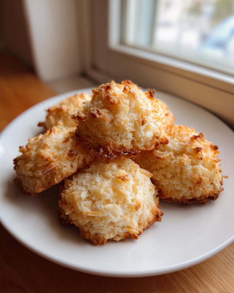A close-up of five golden-brown, chewy coconut cookies piled on a white plate near a window.