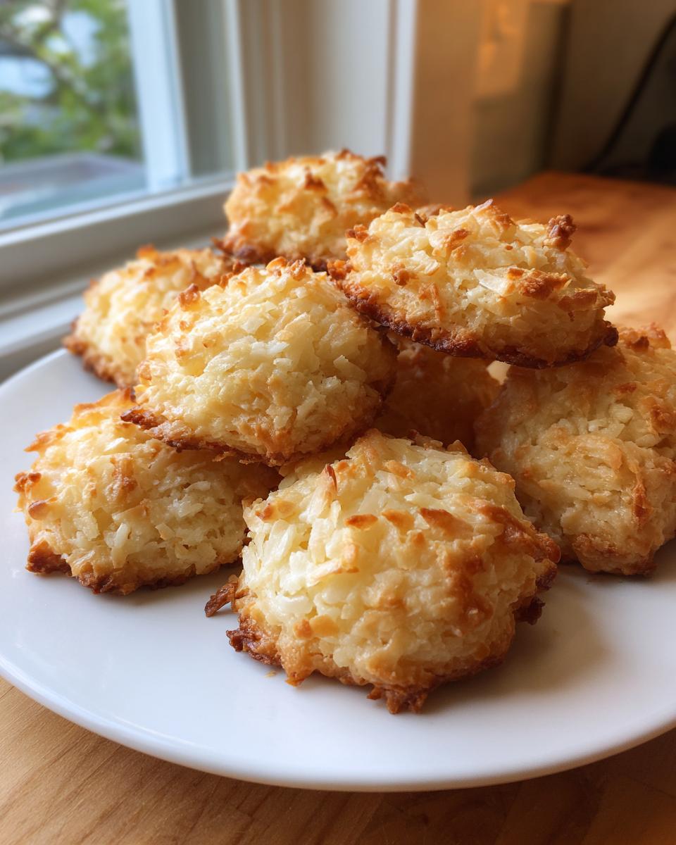 A stack of freshly baked, chewy coconut cookies with golden brown edges on a white plate.