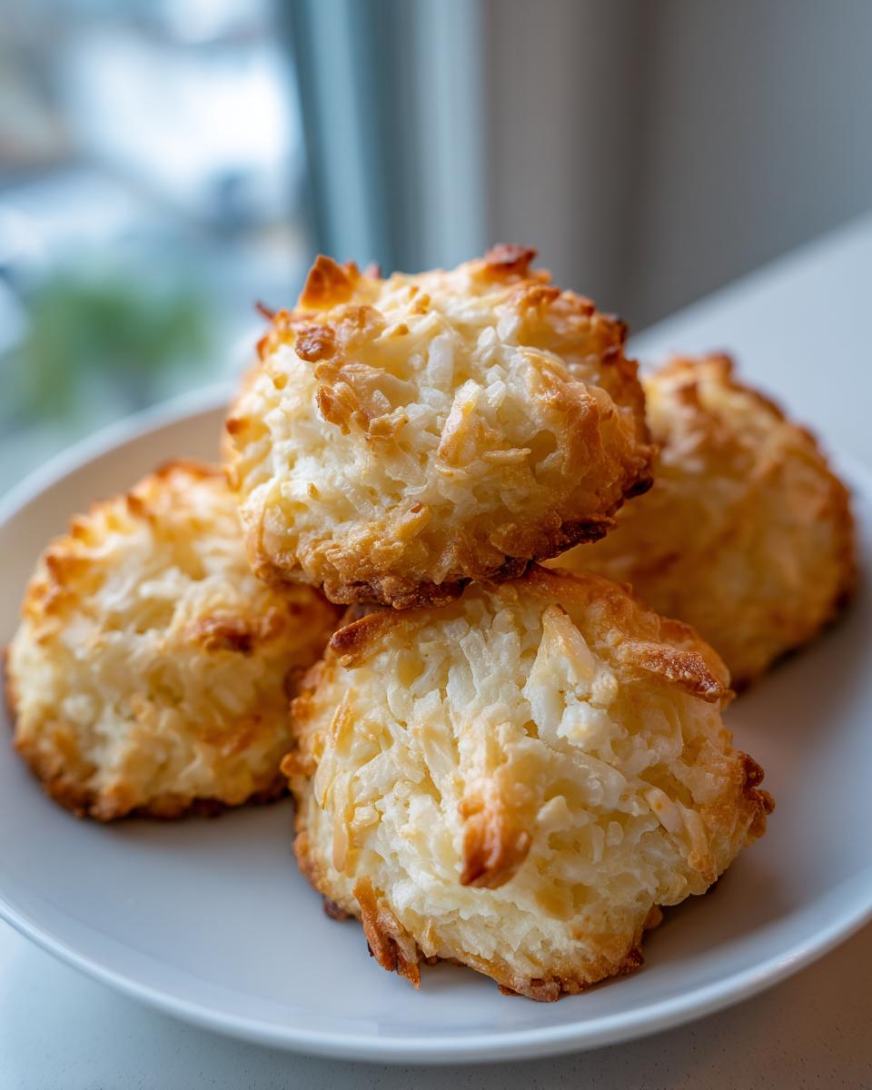 Close-up of four golden-brown, chewy coconut cookies stacked slightly on a white plate.