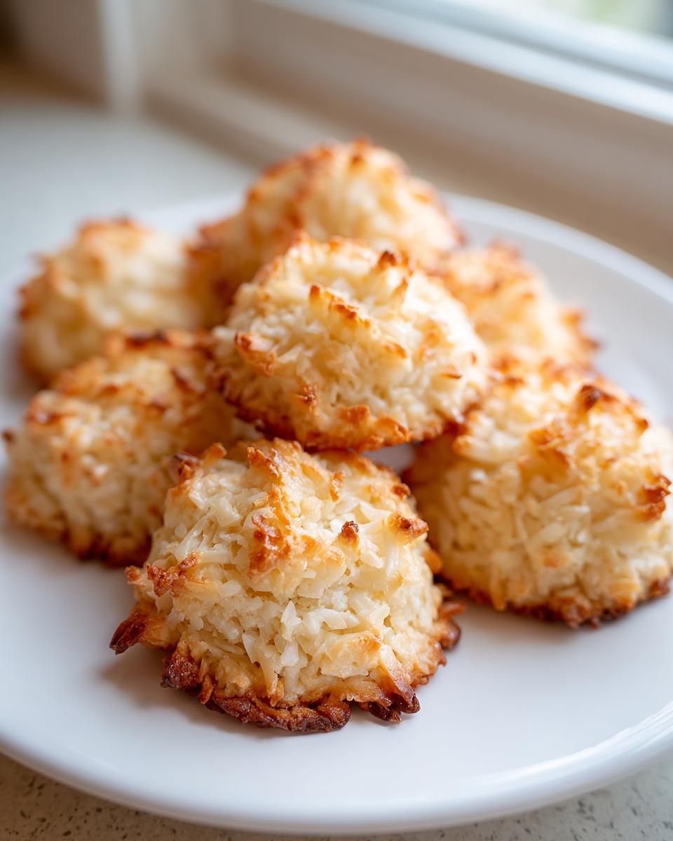 A close-up of several golden brown, chewy coconut cookies piled on a white plate near a window.
