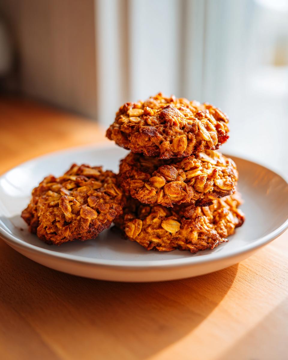 A stack of four chewy pumpkin oatmeal cookies resting on a white plate, beautifully lit by natural light.
