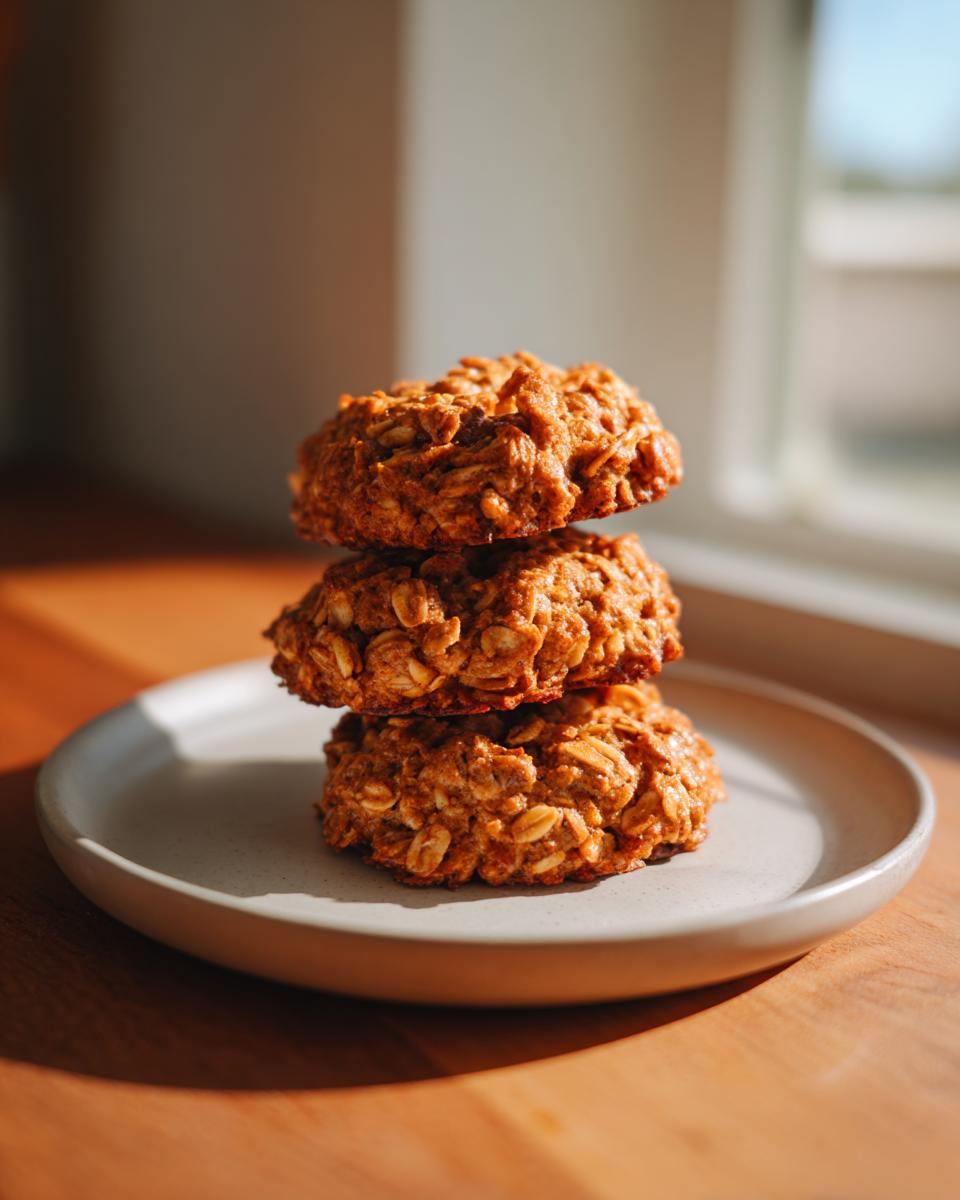 Three chewy pumpkin oatmeal cookies stacked on a light gray plate, bathed in warm sunlight.