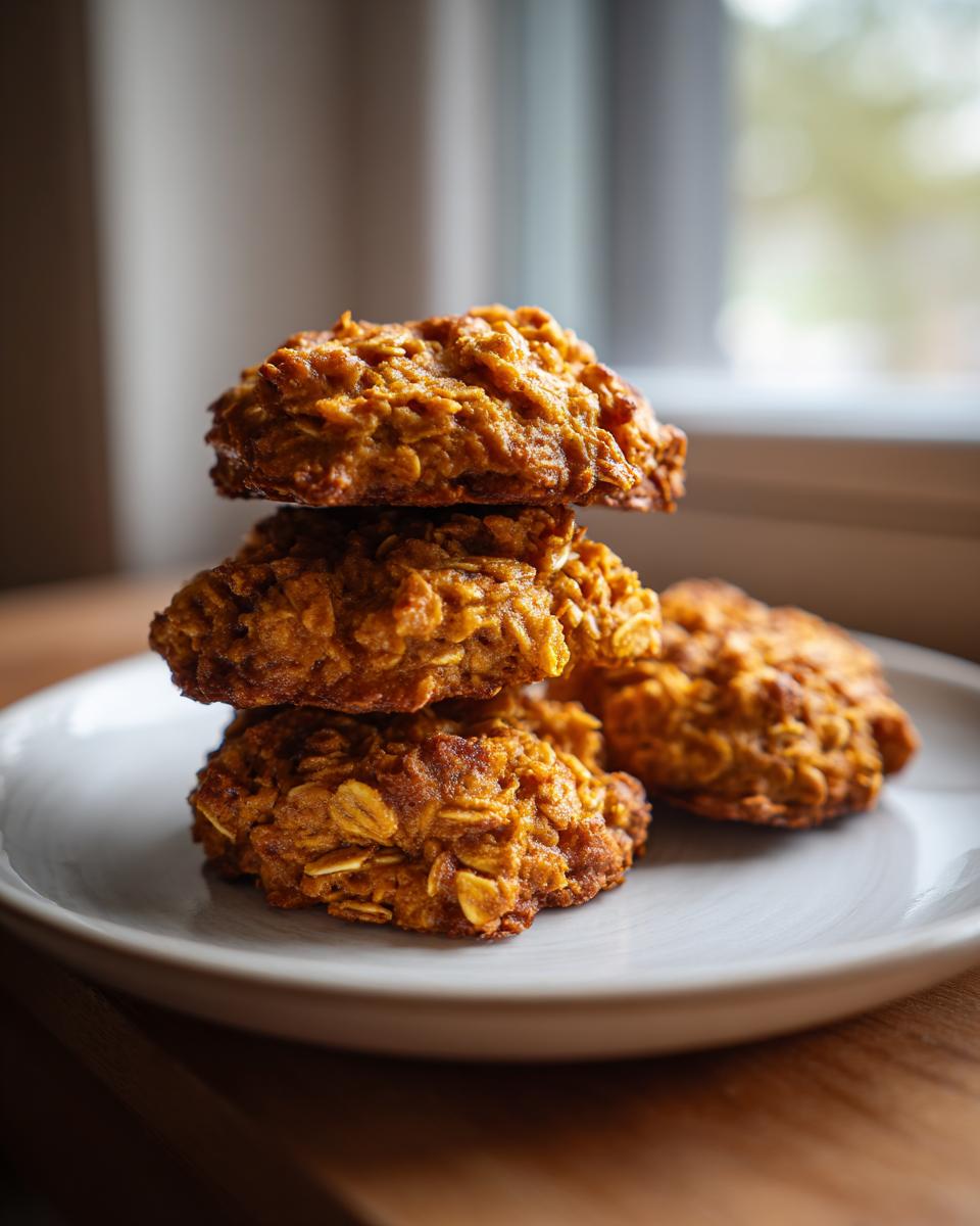 A stack of three chewy pumpkin oatmeal cookies sits on a light plate, with one more cookie visible beside them.