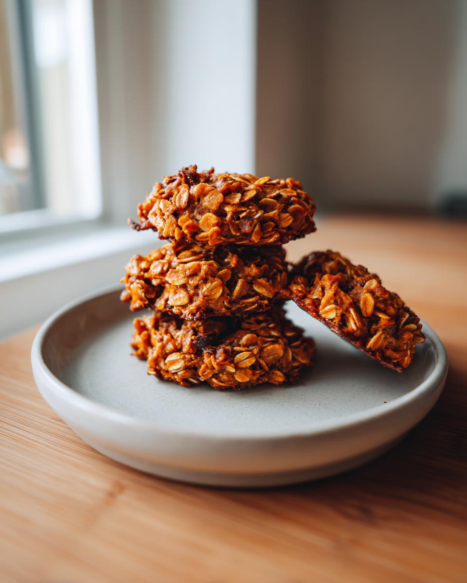 A stack of four chewy pumpkin oatmeal cookies loaded with visible oats, resting on a light gray plate.