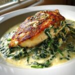 Close-up of a perfectly seared chicken florentine breast served over creamy spinach sauce.