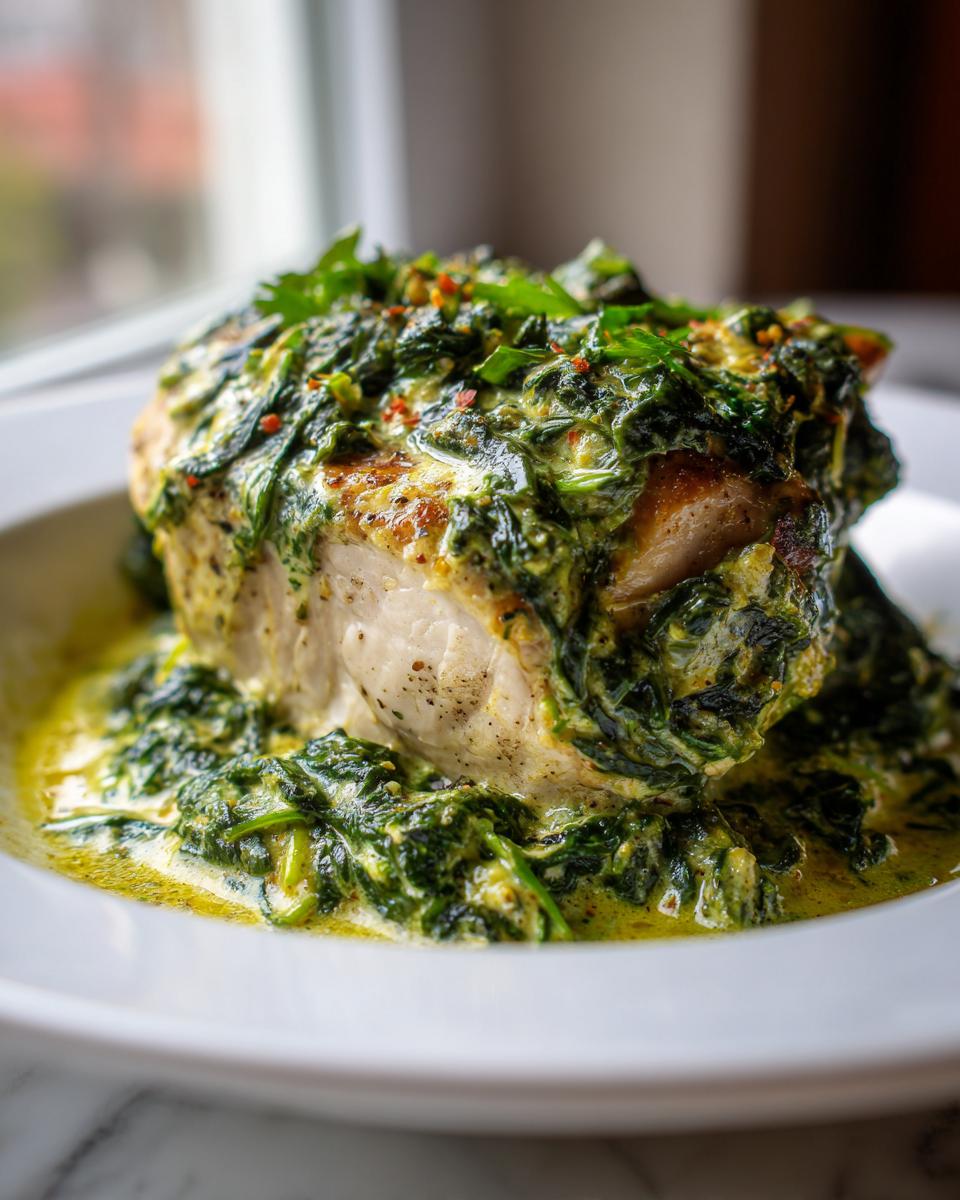 A thick, juicy piece of chicken florentine smothered in creamy spinach sauce, served on a white plate.