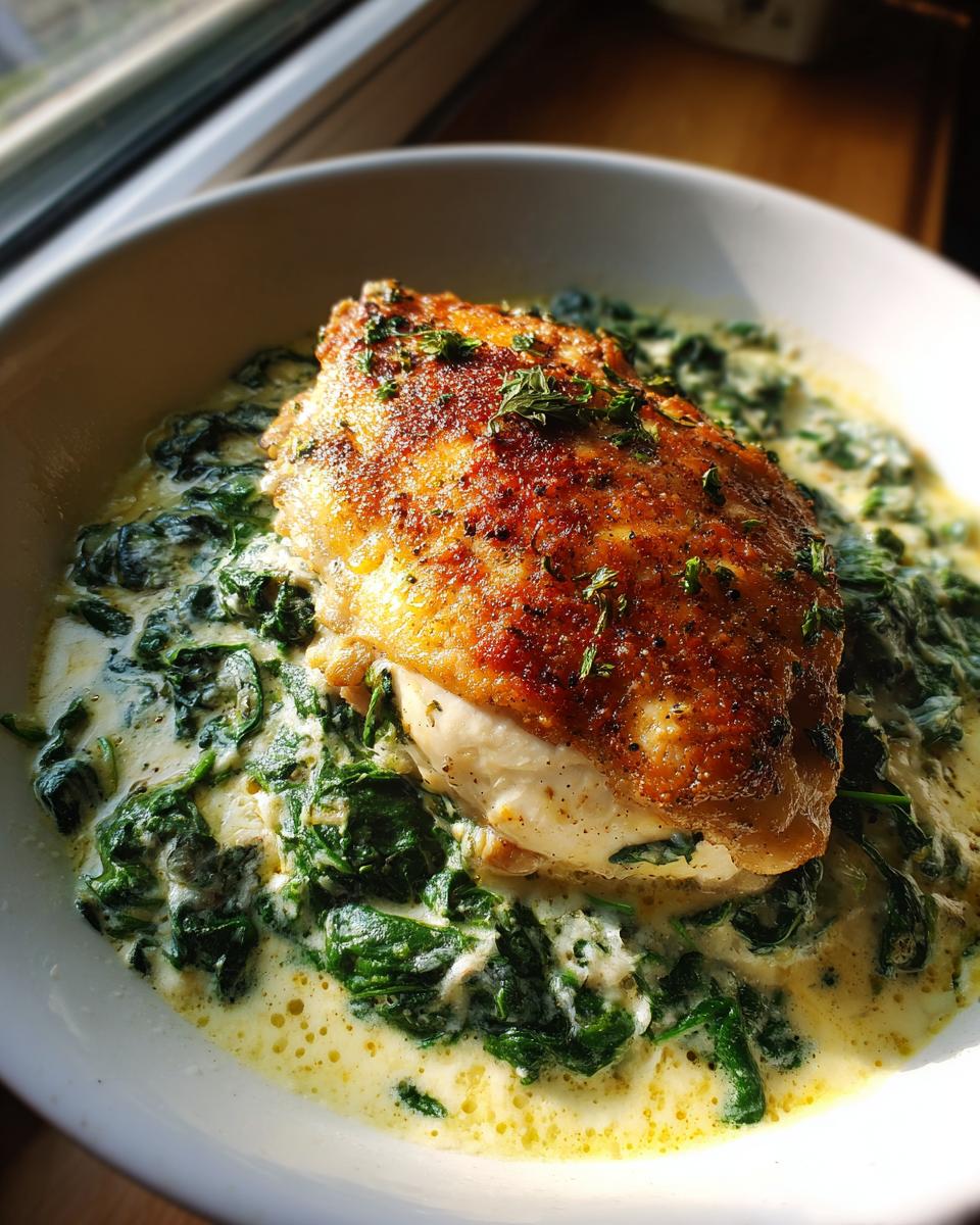 A beautifully seared chicken breast served over creamy spinach, the main component of chicken florentine.