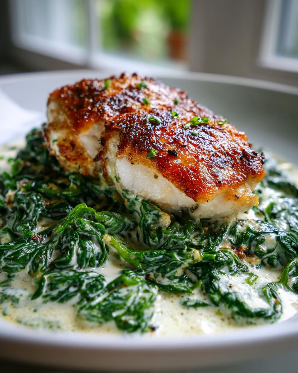 Close-up of a seared chicken breast resting on a bed of creamy spinach, a key component of chicken florentine.