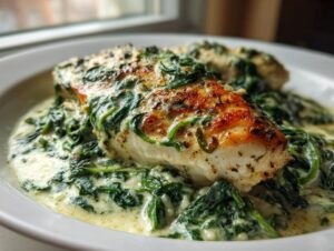 Close-up of seared chicken breast topped with creamy spinach sauce, a delicious chicken florentine dish.