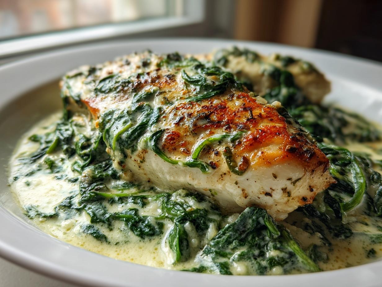 Close-up of seared chicken breast topped with creamy spinach sauce, a delicious chicken florentine dish.