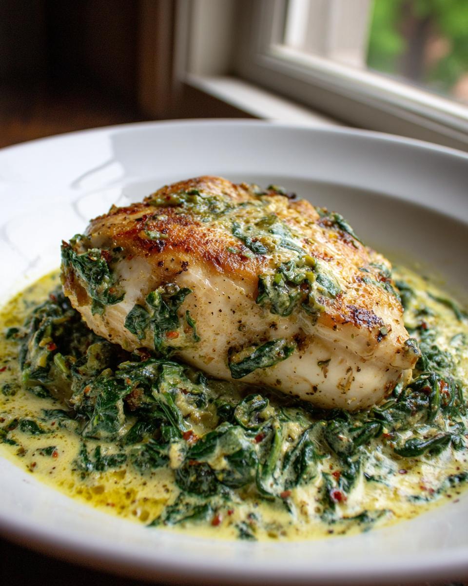 A perfectly seared chicken breast resting on a bed of creamy spinach sauce, showcasing the chicken florentine.