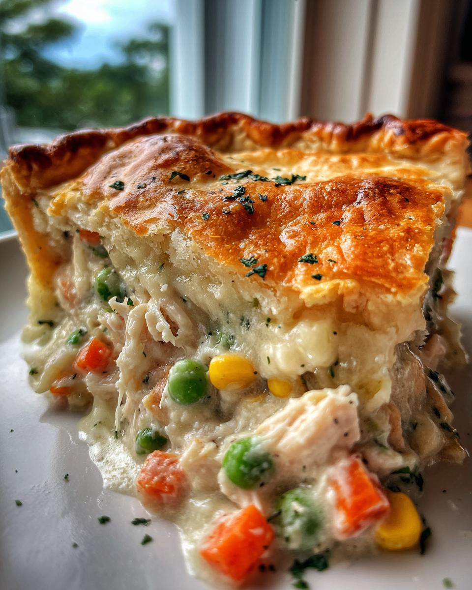 A close-up of a thick slice of chicken pot pie recipe showing flaky crust and creamy filling with chicken, peas, carrots, and corn.