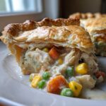 Close-up of a slice of chicken pot pie recipe showing flaky crust and creamy filling with chicken, peas, carrots, and corn.