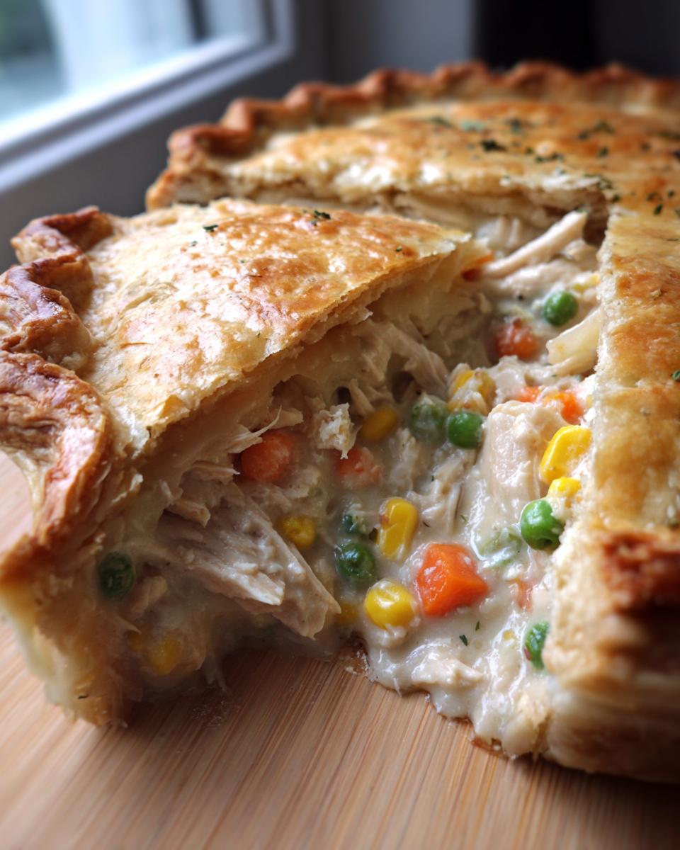A slice cut from a golden-brown chicken pot pie, revealing creamy filling with shredded chicken, peas, carrots, and corn.
