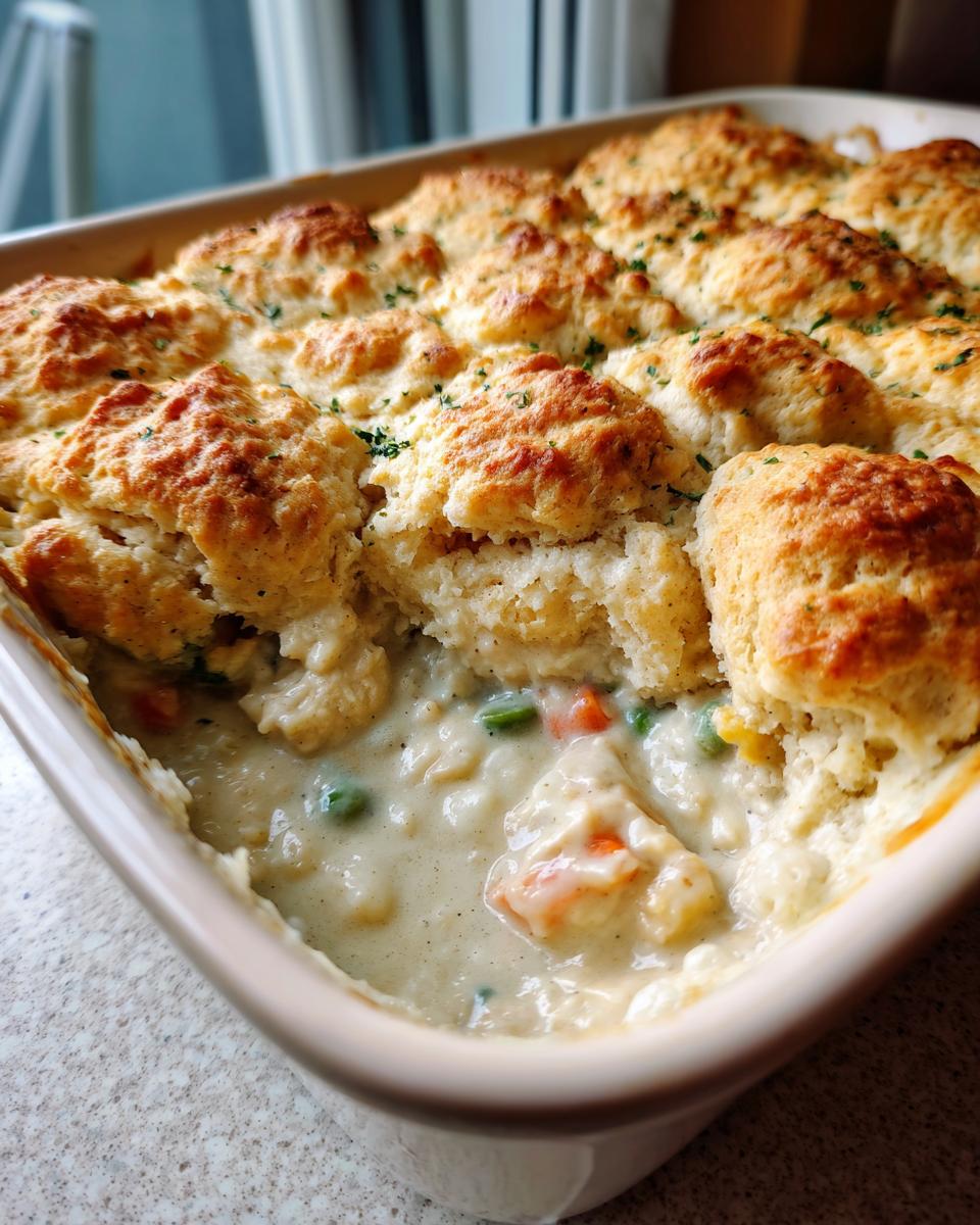 A close-up view of a creamy chicken pot pie with biscuits topping, showing the filling with chicken and vegetables.