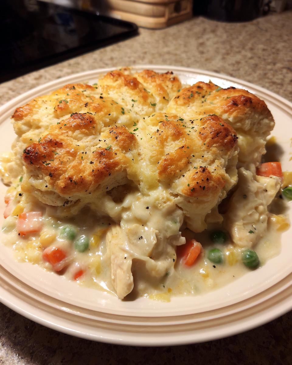 A serving of creamy chicken pot pie with biscuits topping, featuring visible chicken, peas, and carrots.