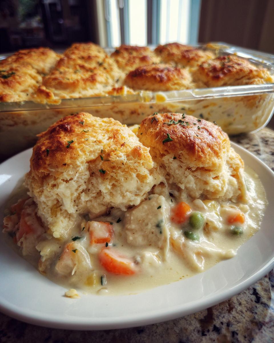 A serving of creamy chicken pot pie with biscuits, featuring carrots and peas, with the baking dish in the background.