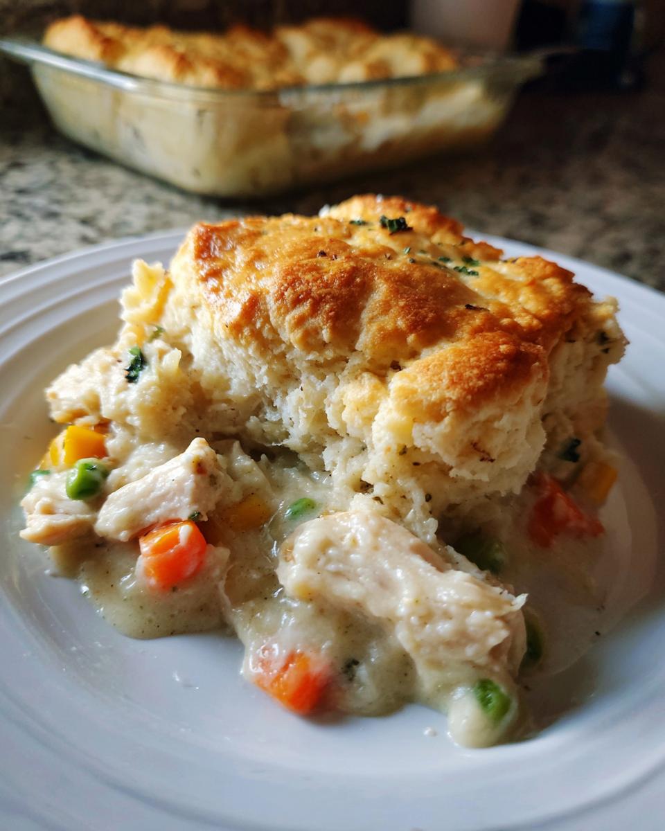 A close-up serving of chicken pot pie with biscuits, showing creamy filling with chicken, carrots, and peas under a golden biscuit.
