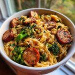 Close-up of a white bowl filled with creamy chicken sausage and broccoli orzo, topped with herbs and cheese.