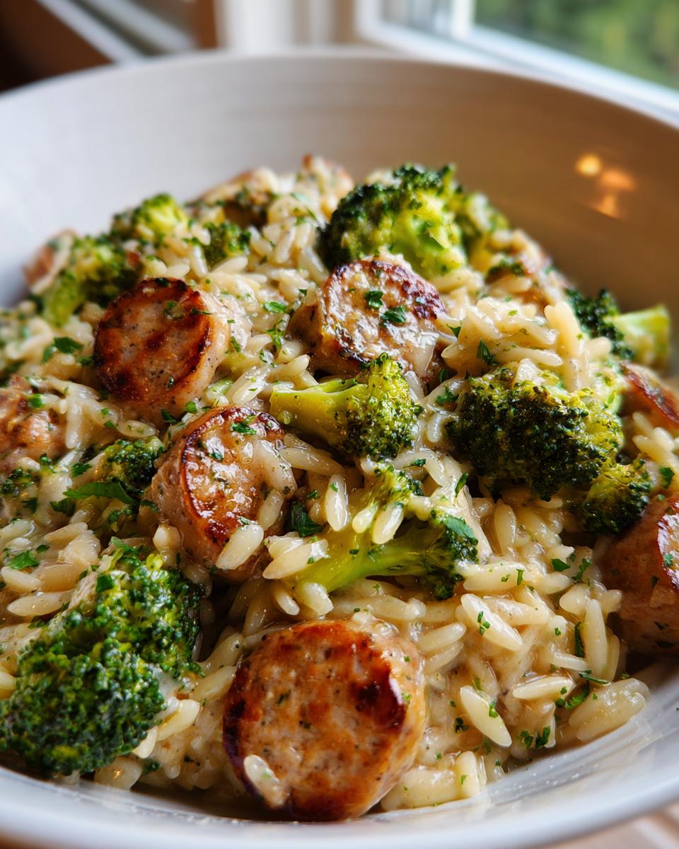 A creamy bowl of chicken sausage and broccoli orzo pasta mixed with herbs, garnished with browned sausage slices.