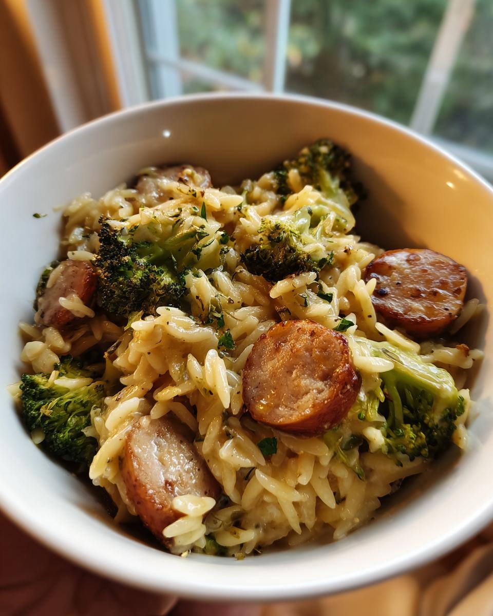 Close-up of a white bowl filled with creamy chicken sausage and broccoli orzo, garnished with herbs.