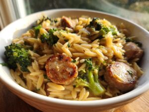 A close-up shot of a creamy bowl of chicken sausage and broccoli orzo, featuring browned sausage slices and bright green broccoli florets.