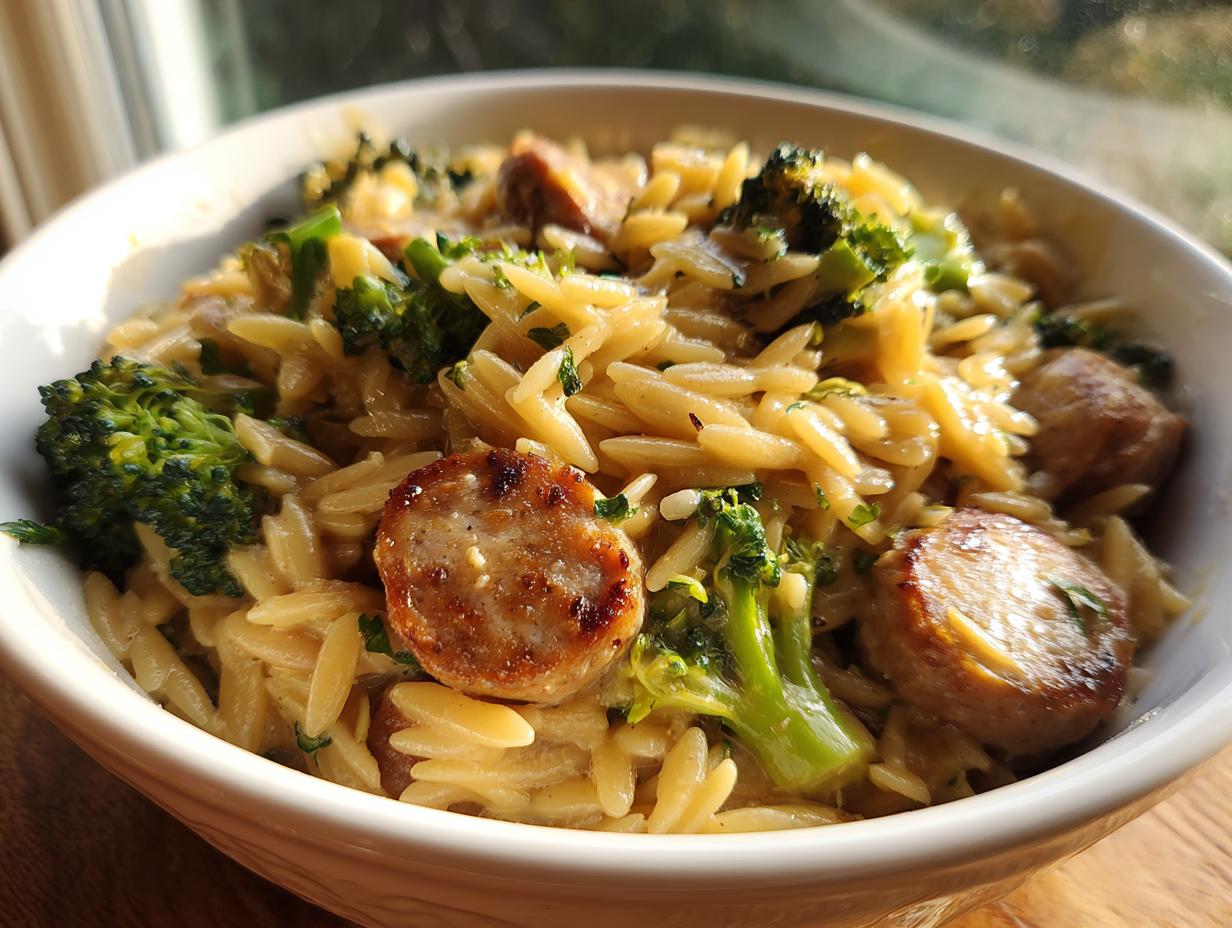 A close-up shot of a creamy bowl of chicken sausage and broccoli orzo, featuring browned sausage slices and bright green broccoli florets.