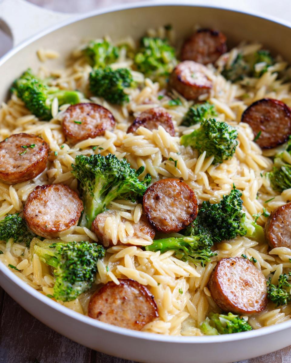 A close-up view of creamy chicken sausage and broccoli orzo mixed together in a light-colored skillet.
