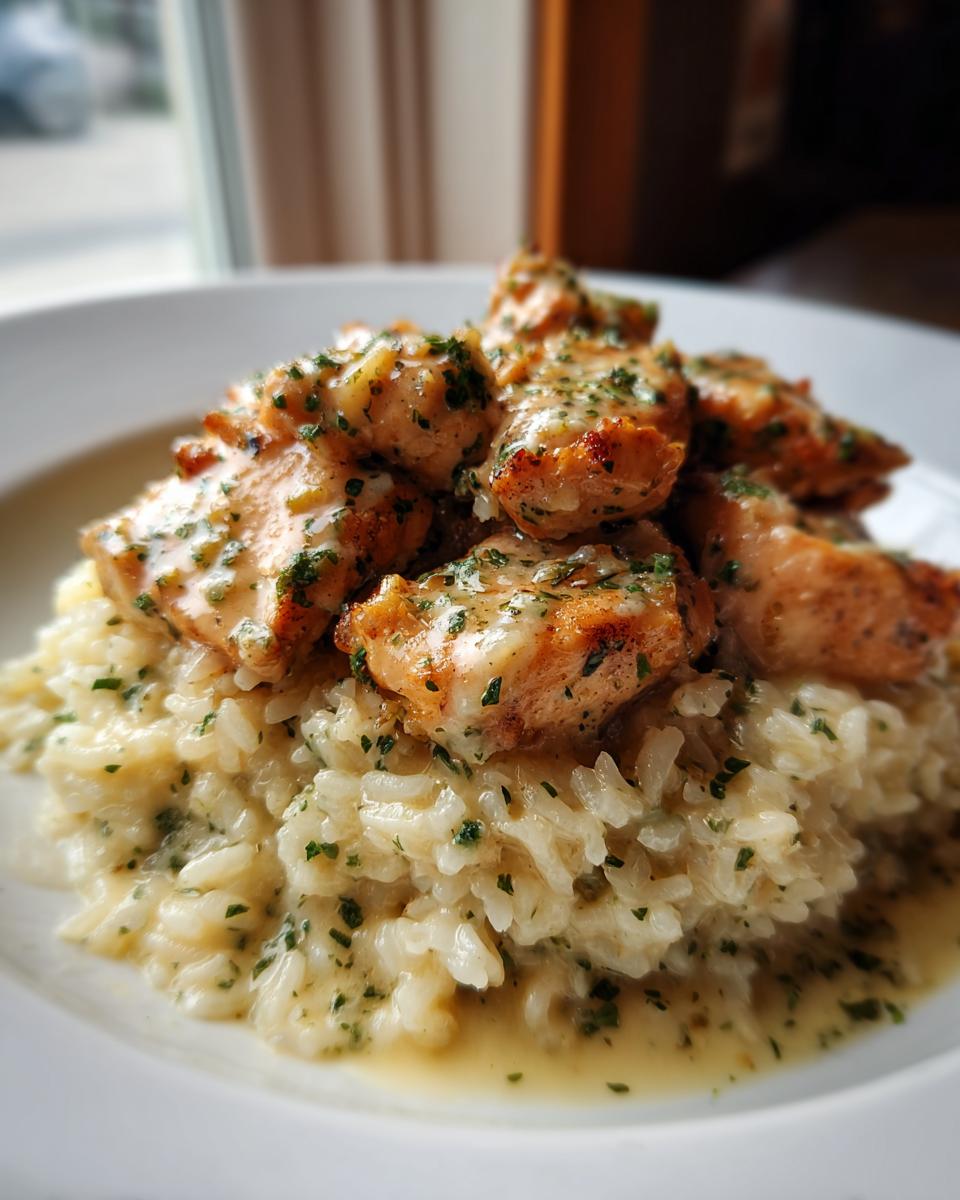Close-up of pan-seared chicken scampi pieces served over creamy garlic parmesan rice, garnished with parsley.