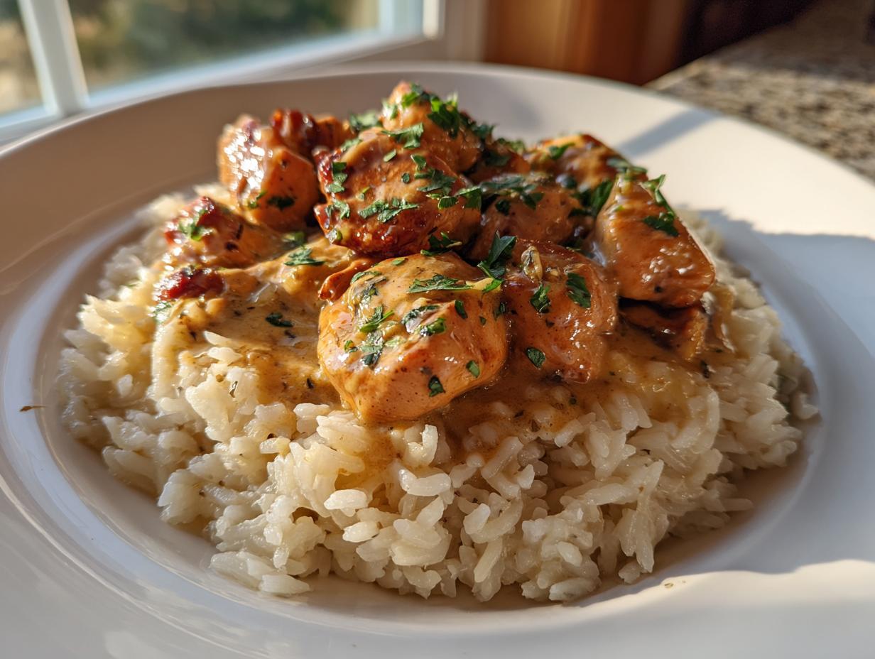 Close-up of creamy chicken scampi served over a bed of garlic parmesan rice, garnished with parsley.
