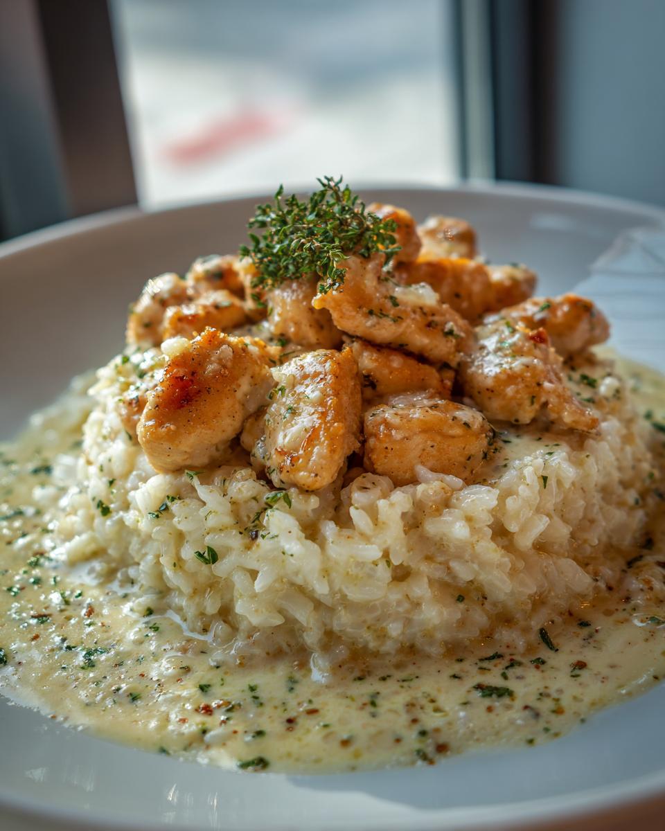 Golden chicken pieces served over creamy garlic parmesan rice, garnished with fresh thyme.