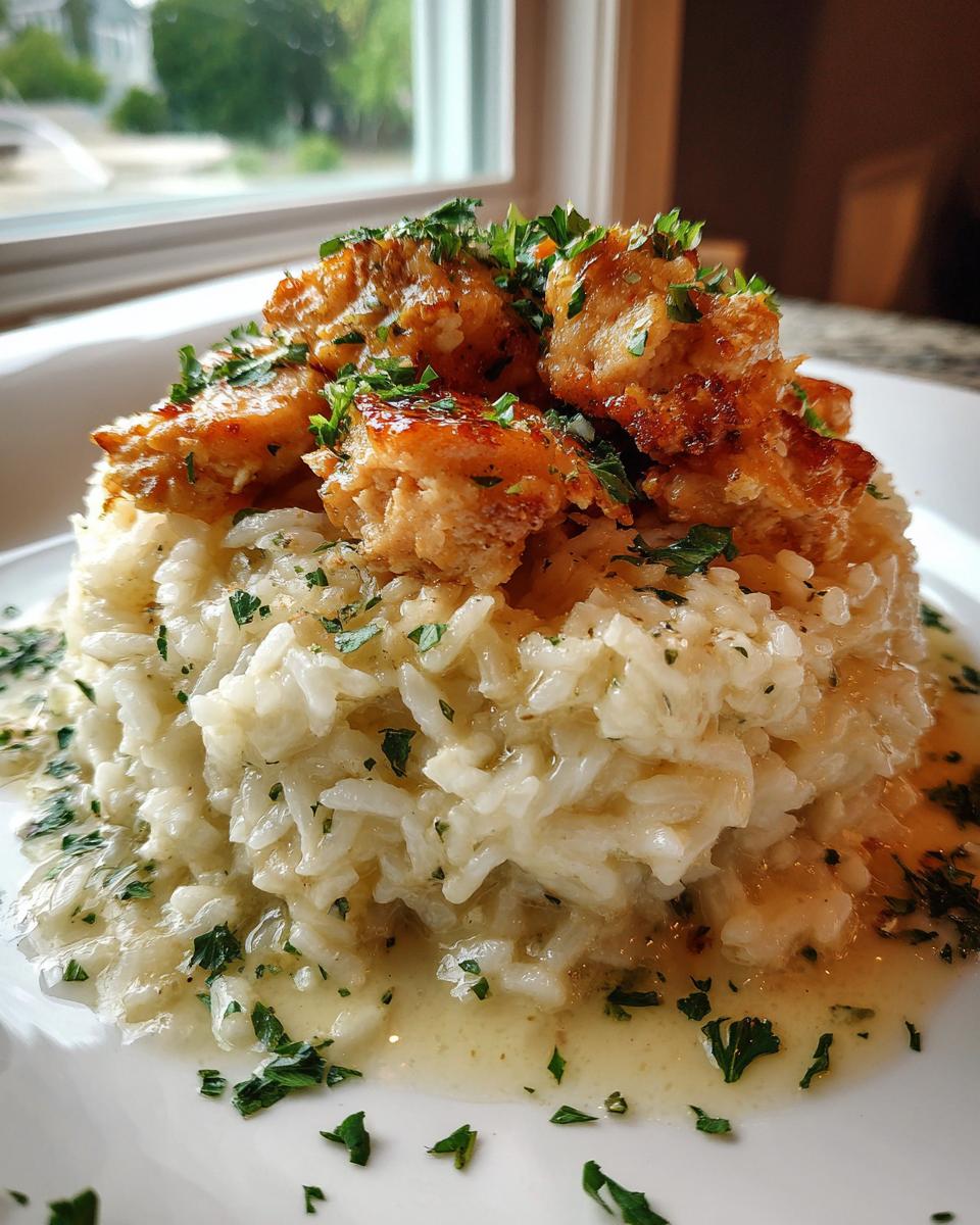 A mound of creamy garlic parmesan rice topped with golden chicken scampi pieces and fresh parsley.