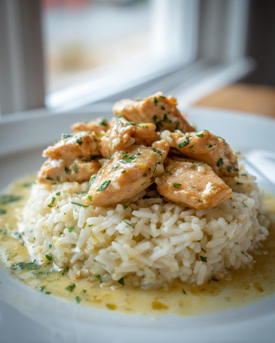 Close-up of tender chicken scampi pieces served over a mound of garlic parmesan rice with lemon-butter sauce.